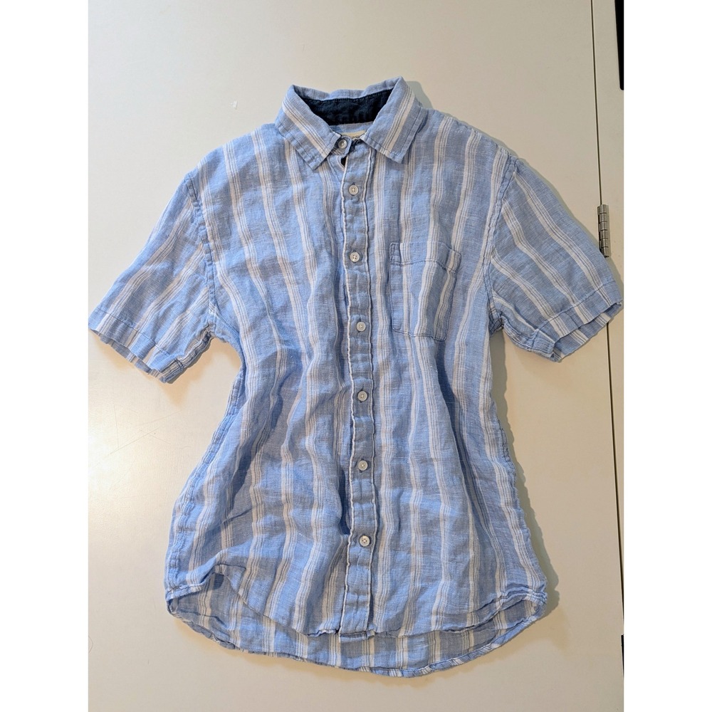 Panama Jack Small Blue White Striped 100% Linen Short Sleeve Button Down